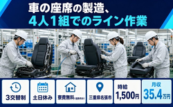 【寮費無料※諸条件あり】名張市で車の座席の製造、4人１組でのライン作業｜土日休みの詳細画像