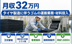 【寮費無料】朝倉市でタイヤのゴムの運搬業務・材料投入｜土日休みの詳細画像