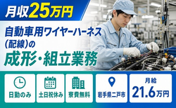 【寮費無料】二戸市で自動車用ワイヤーハーネス（配線）の成形・組立業務｜月給21.6万円の詳細画像