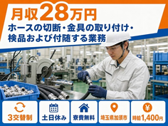 【寮費無料】加須市でホースの切断・金具の取り付けの検品および付随する業務｜3交替制の詳細画像