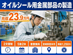 【寮費無料】登米市でオイルシール用金属部品の製造｜2交替制・未経験OKの詳細画像