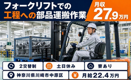 神奈川県川崎市中原区の寮完備求人！フォークリフトでの工程への部品の運搬作業・2交替制の詳細画像