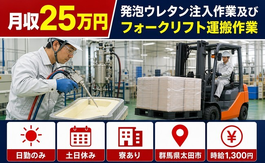 太田市へ引っ越して発泡ウレタン注入の作業及びフォークリフト運搬作業◎寮完備・土日休みの詳細画像