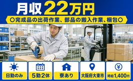 住み込みで働ける完成品の出荷作業、部品の搬入作業、梱包＜大阪府大東市＞寮完備・日勤のみの詳細画像