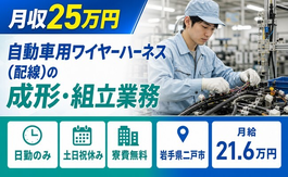 【寮費無料】二戸市で自動車用ワイヤーハーネス（配線）の成形・組立業務｜月給21.6万円の詳細画像