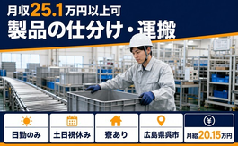 【寮完備】呉市で仕分け・運搬｜土日祝休み・日勤のみ・未経験OKの詳細画像