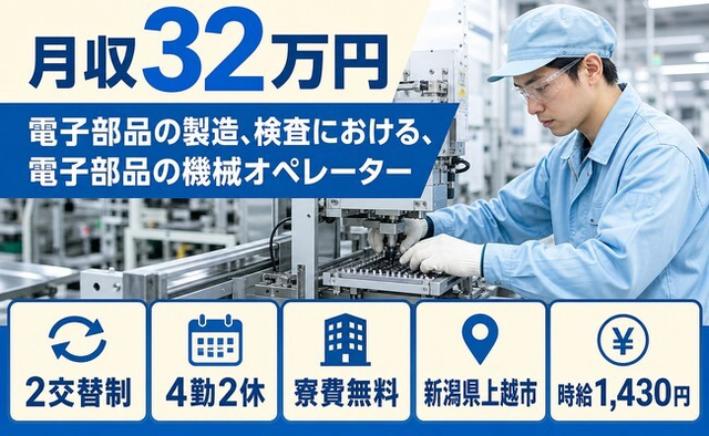 住み込みで働ける電子部品の検査＜新潟県上越市＞寮費無料・月収例32万円・未経験OKの詳細画像