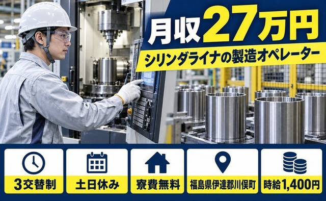【寮費無料】川俣町でシリンダライナの製造 マシンオペレーター｜土日休み・未経験OKの詳細画像