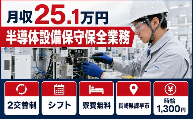 半導体設備保守の保全業務（長崎県諫早市）寮費補助ありで時給1,300円・未経験OKの詳細画像