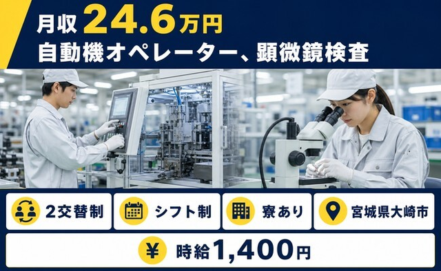 住まいも仕事も大崎市で◆自動機のオペレーター、顕微鏡検査｜寮完備・送迎ありの詳細画像