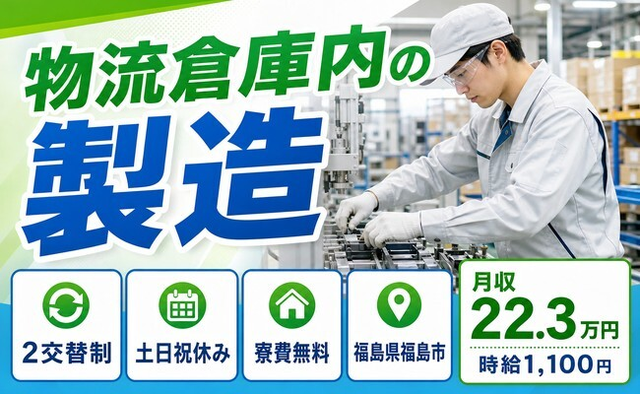 【寮費無料】福島市で物流倉庫内の製造｜2交替制・土日祝休み・未経験OKの詳細画像