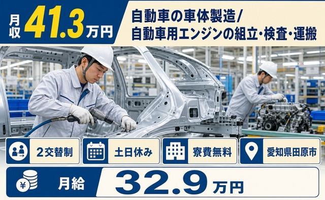 田原市×寮費無料◆自動車の車体の製造/自動車用エンジンの組立・検査・運搬／土日休みの詳細画像