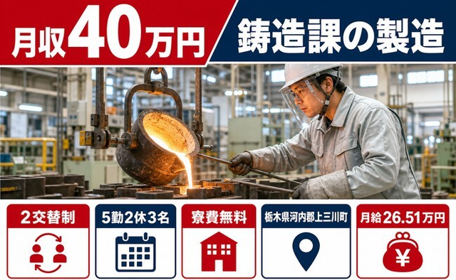 栃木県上三川町の寮費無料求人！自動車部品の鋳造課の製造・月収例40万円の詳細画像