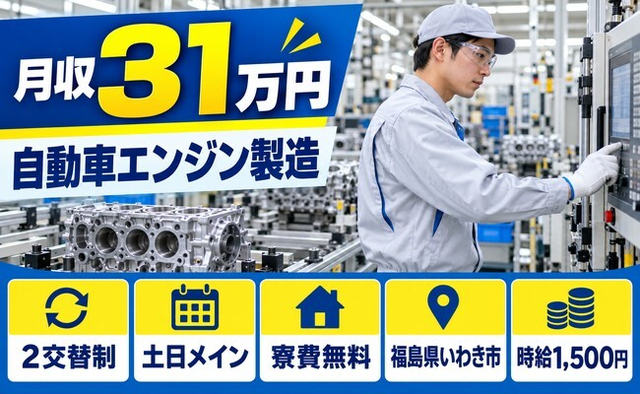 いわき市×寮費無料◆自動車エンジンの製造／土日休み・月収例31万円・時給1,500円の詳細画像