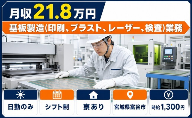 富谷市へ引っ越して基板の製造（印刷、ブラスト、レーザー、検査）業務◎寮完備・日勤専属の詳細画像