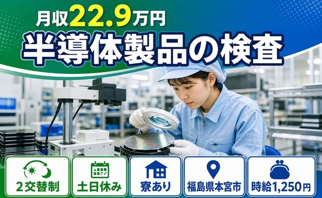 福島県本宮市の寮完備求人！半導体製品の検査・月収例22.9万円・土日休みの詳細画像