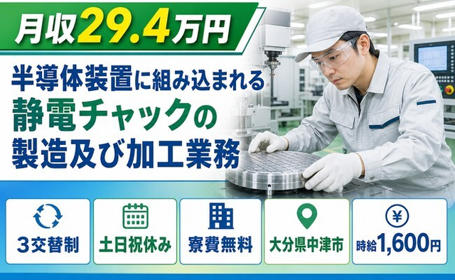 中津市へ引っ越して電子部品の製造及び加工業務◎寮費無料・土日祝休み・時給1,600円の詳細画像