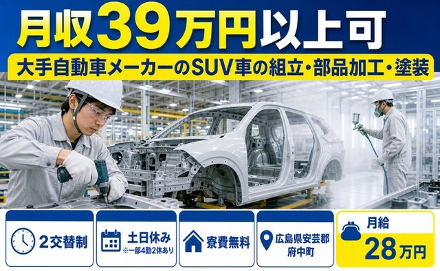 府中町×寮費無料◆大手自動車メーカーのSUV車の組立・部品加工・塗装／月給28万円の詳細画像