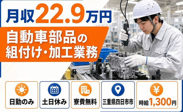 三重県四日市市の寮費無料求人！自動車部品の組付け・加工業務・土日休みの詳細画像