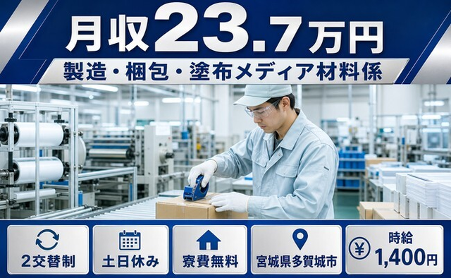 多賀城市へ引っ越して製造・梱包・塗布メディア材料係◎寮費無料・時給1,400円の詳細画像