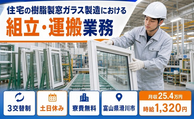 住宅の樹脂製窓ガラスの組立・運搬業務(体力重視)（富山県滑川市）寮費無料で土日休みの詳細画像