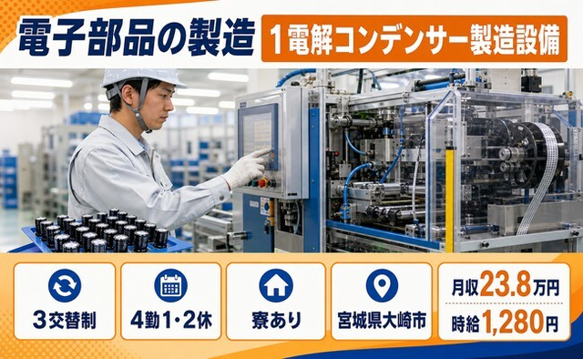 【寮完備】大崎市で電子部品の製造 ①電解コンデンサー製造設備｜時給1,280円の詳細画像