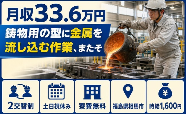 相馬市×寮費無料◆鋳物用の型に金属を流し込むの作業、またそ／時給1,600円の詳細画像