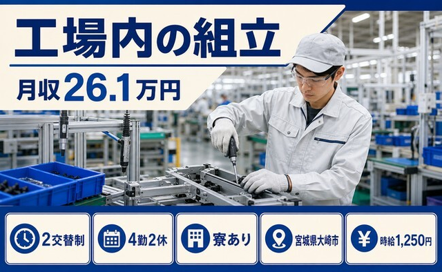 宮城県大崎市の寮完備求人！工場内の組立・未経験OK・車通勤OKの詳細画像