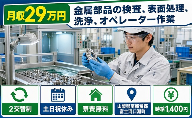 【寮費無料】富士河口湖町で金属部品の検査、表面処理、洗浄、オペレーター作業｜土日祝休みの詳細画像