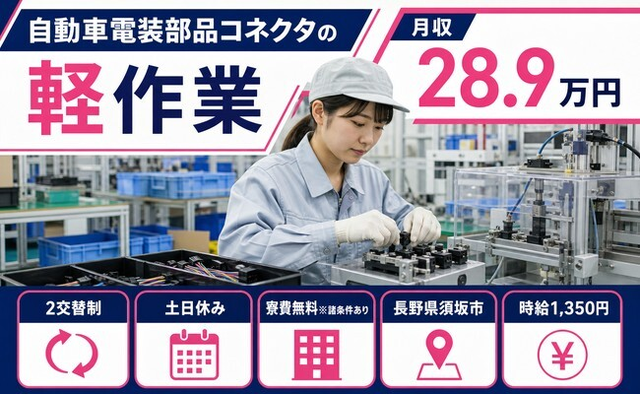 須坂市×寮費無料※諸条件あり◆自動車電装部品コネクタの軽作業／土日休みの詳細画像
