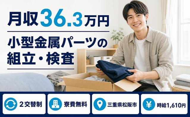 松阪市×寮費無料◆小型金属パーツの組立・検査／月収例36.3万円・時給1,610円の詳細画像