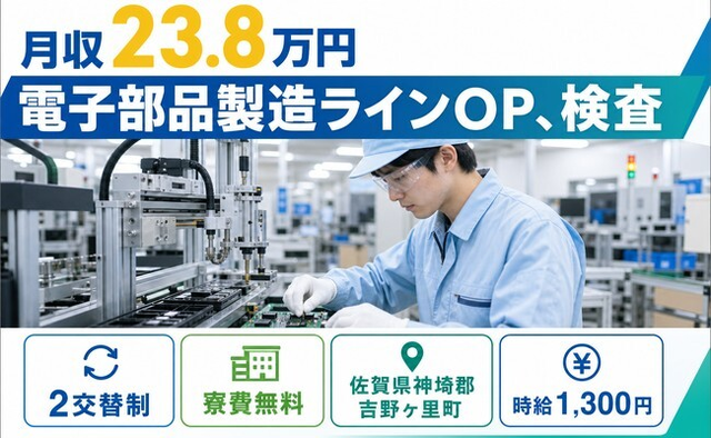 吉野ヶ里町×寮費無料◆電子部品の製造ラインOP、検査／月収例23.8万円・未経験OKの詳細画像