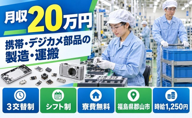 郡山市へ引っ越して携帯やデジカメの部品の製造、運搬◎寮費無料・未経験OKの詳細画像