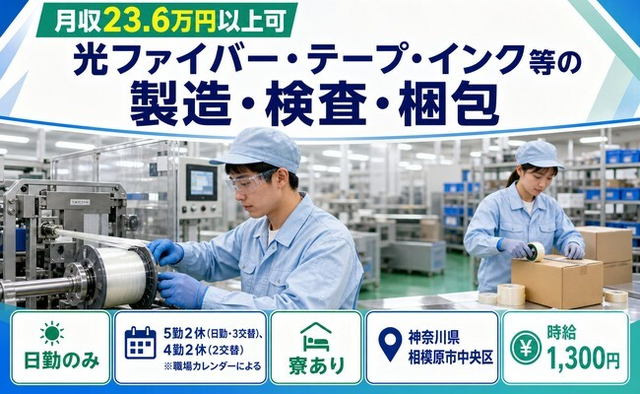 【寮完備】相模原市中央区で光ファイバー・テープ・インク等の製造・検査・梱包｜日勤のみの詳細画像