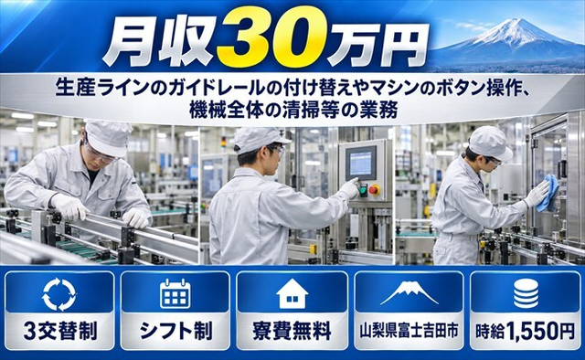 富士吉田市×寮費無料◆マシンのボタンの操作、機械全体の清掃等の業務／月収例30万円の詳細画像