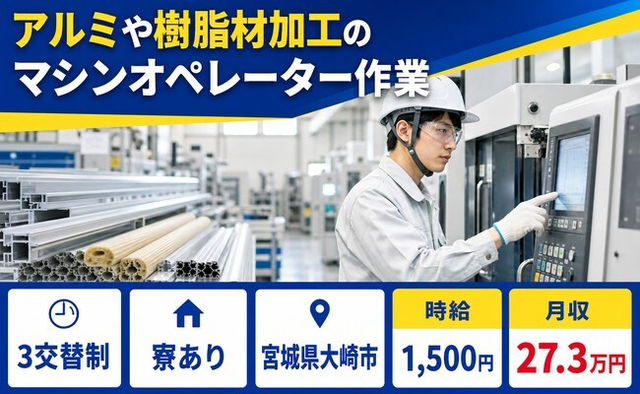 大崎市へ引っ越してアルミや樹脂材の機械オペレーション◎寮完備・時給1,500円の詳細画像