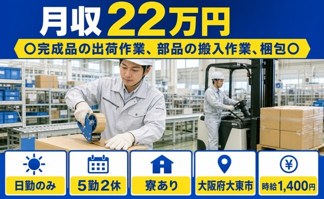 住み込みで働ける完成品の出荷作業、部品の搬入作業、梱包＜大阪府大東市＞寮完備・日勤のみの詳細画像
