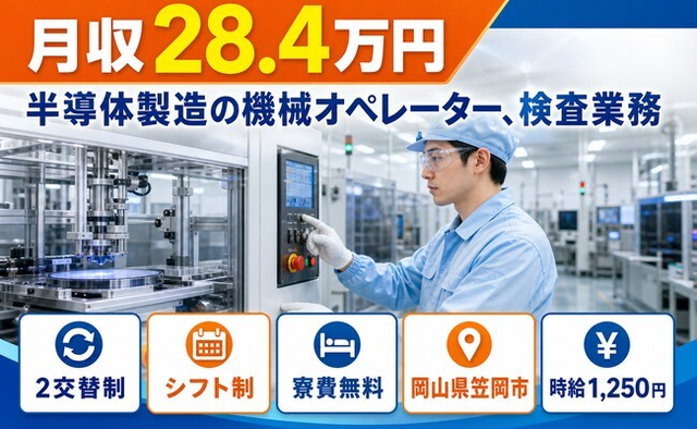 【寮費補助あり】笠岡市で半導体の機械オペレーター、検査業務｜時給1,250円の詳細画像