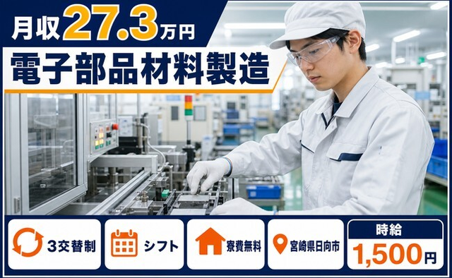 住み込みで働ける電子部品材料の製造＜宮崎県日向市＞寮費無料・時給1,500円の詳細画像