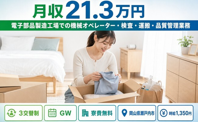 【寮費無料】瀬戸内市で電子部品の製造｜3交替制・時給1,350円・未経験OKの詳細画像