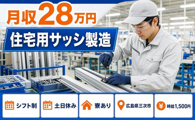 広島県三次市の寮完備求人！住宅用サッシの組立・土日休み・時給1,500円の詳細画像