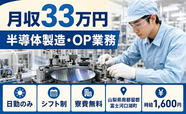 富士河口湖町へ引っ越して半導体の製造・OP業務◎寮費無料・日勤のみの詳細画像