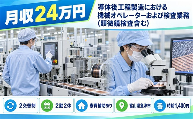 住み込みで働ける導体後工程の検査＜富山県魚津市＞寮費補助あり・未経験OKの詳細画像