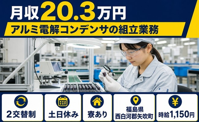 福島県矢吹町の寮完備求人！アルミ電解コンデンサの検査・土日休みの詳細画像