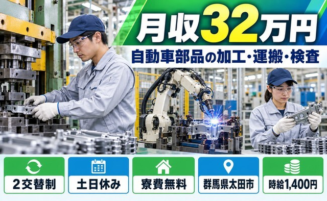 群馬県太田市の寮費無料求人！自動車部品の加工・運搬・検査業務・時給1,400円の詳細画像