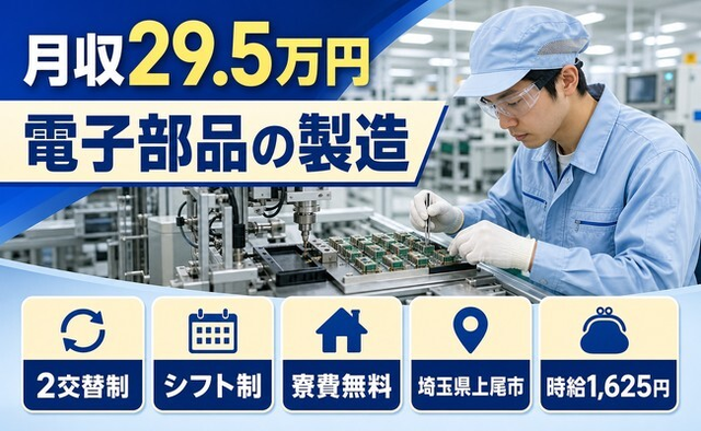 電子部品の製造（埼玉県上尾市）寮費補助ありで時給1,625円・未経験OKの詳細画像