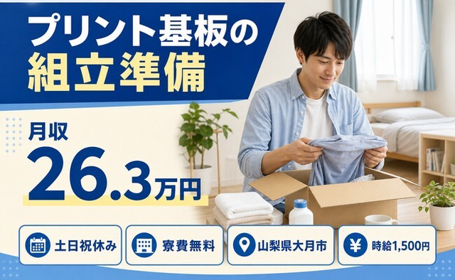 大月市×寮費無料◆プリント基板の組立準備／土日祝休み・時給1,500円・未経験OKの詳細画像