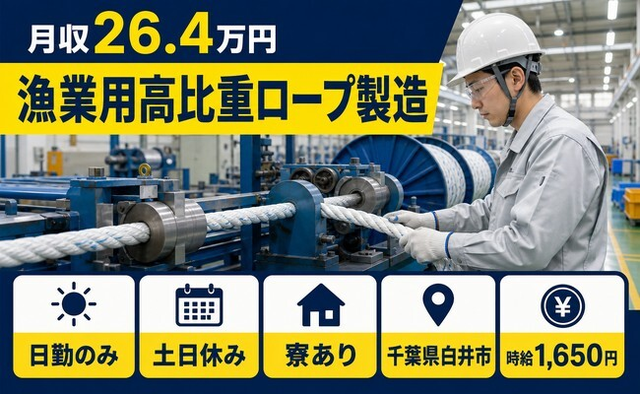 漁業用高比重ロープの製造（千葉県白井市）寮完備で土日休み・日勤のみの詳細画像