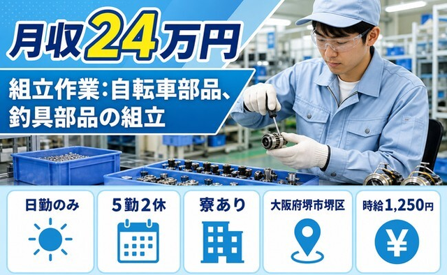 堺市堺区へ引っ越して組立作業：自転車部品、釣具部品の組立◎寮完備・日勤のみの詳細画像
