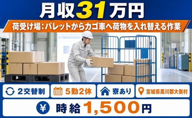 大衡村×寮完備◆荷受け場：パレットからカゴ車へ荷物を入れ替の製造／月収例31万円の詳細画像